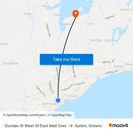 Dundas St West Of East Mall Cres to Sutton, Ontario map