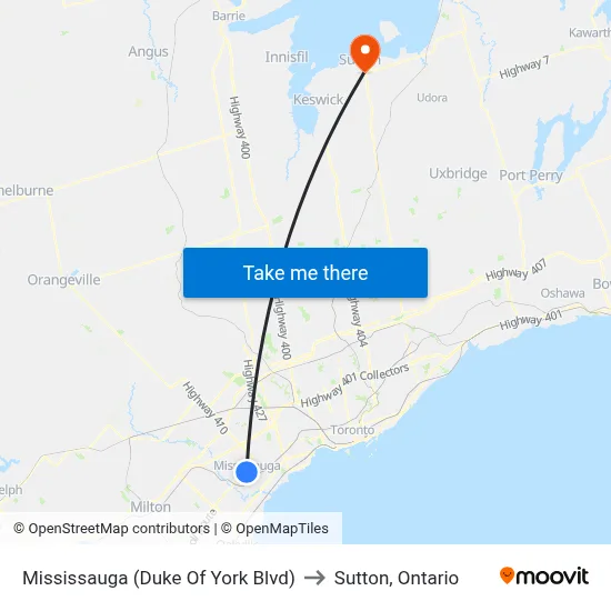 Mississauga (Duke Of York Blvd) to Sutton, Ontario map