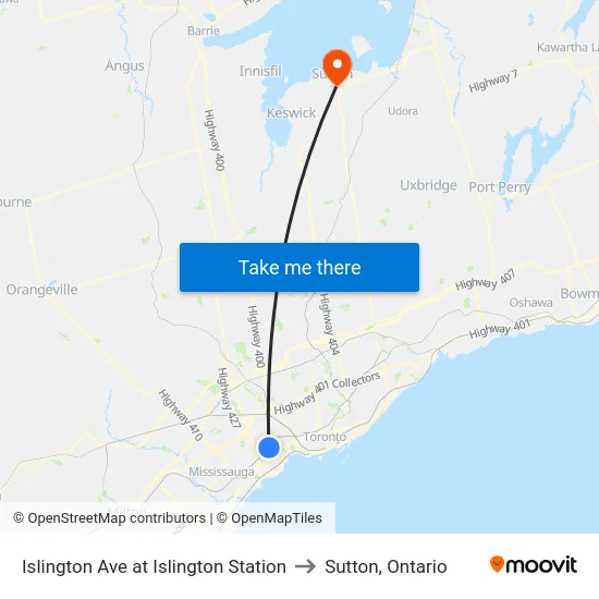Islington Ave at Islington Station to Sutton, Ontario map