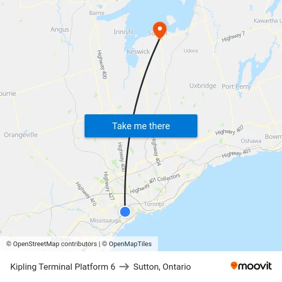 Kipling Terminal Platform 6 to Sutton, Ontario map