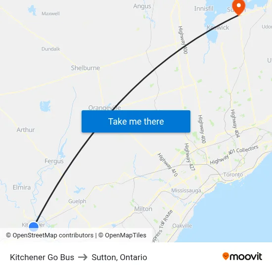 Kitchener Go Bus to Sutton, Ontario map