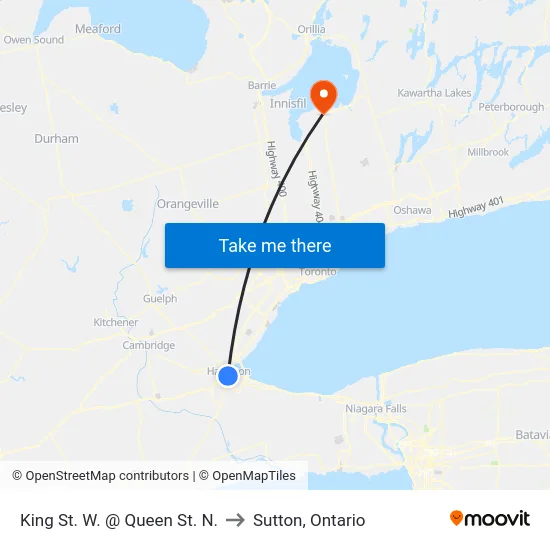 King St. W. @ Queen St. N. to Sutton, Ontario map