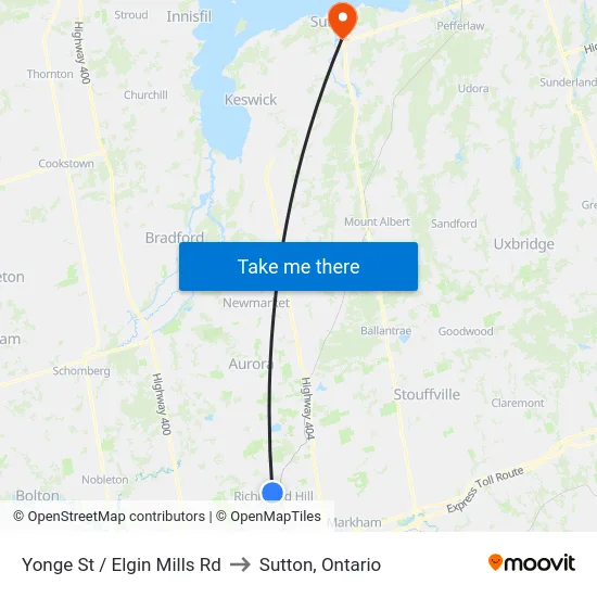 Yonge St / Elgin Mills Rd to Sutton, Ontario map