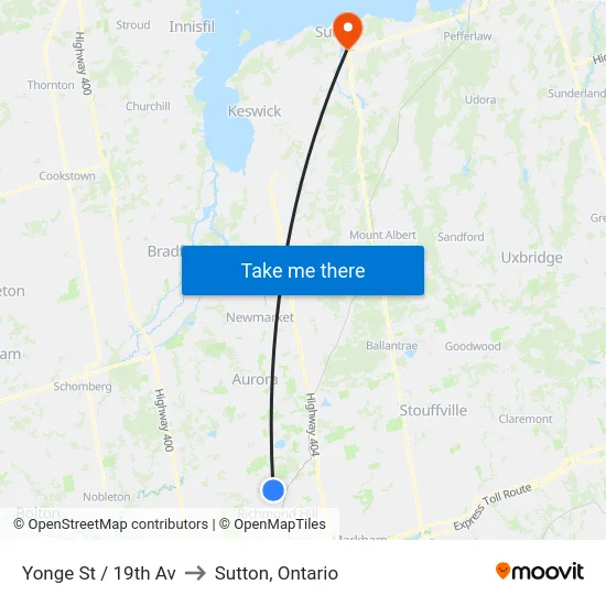 Yonge St / 19th Av to Sutton, Ontario map