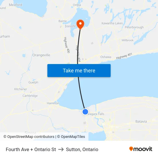 Fourth Ave + Ontario St to Sutton, Ontario map