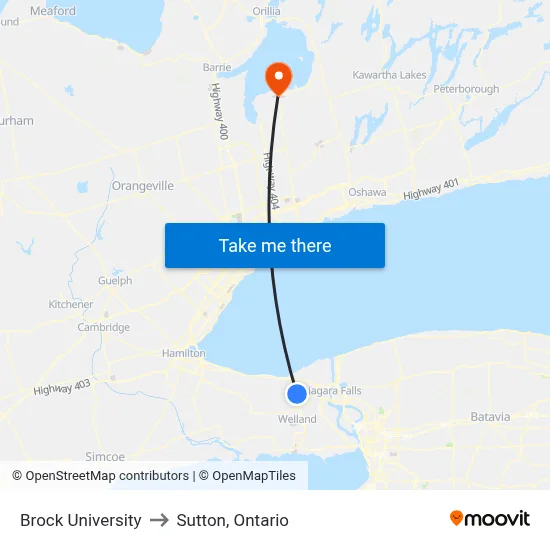 Brock University to Sutton, Ontario map