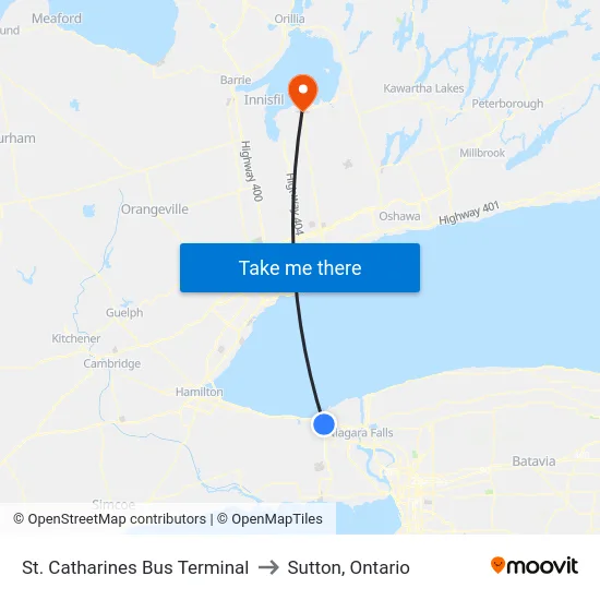 St. Catharines Bus Terminal to Sutton, Ontario map