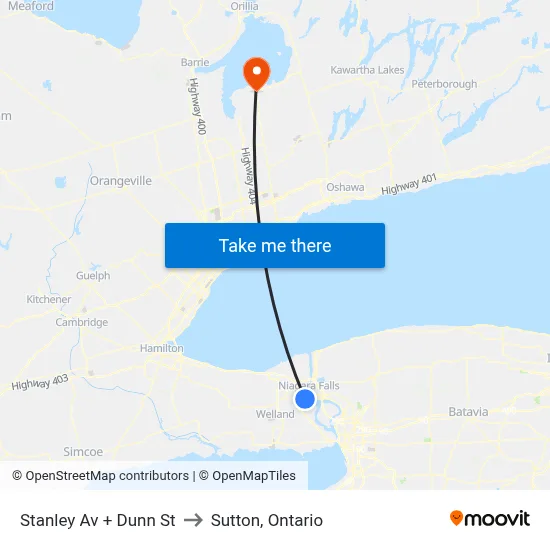 Stanley Av + Dunn St to Sutton, Ontario map