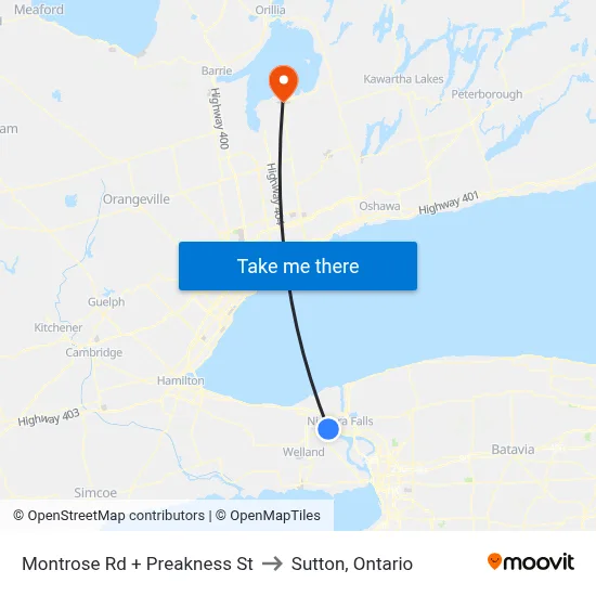 Montrose Rd + Preakness St to Sutton, Ontario map