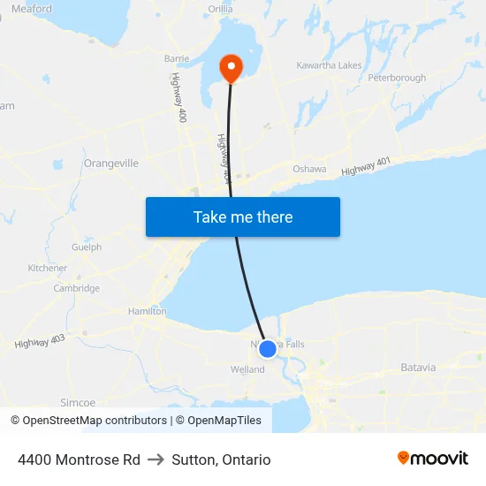 4400 Montrose Rd to Sutton, Ontario map