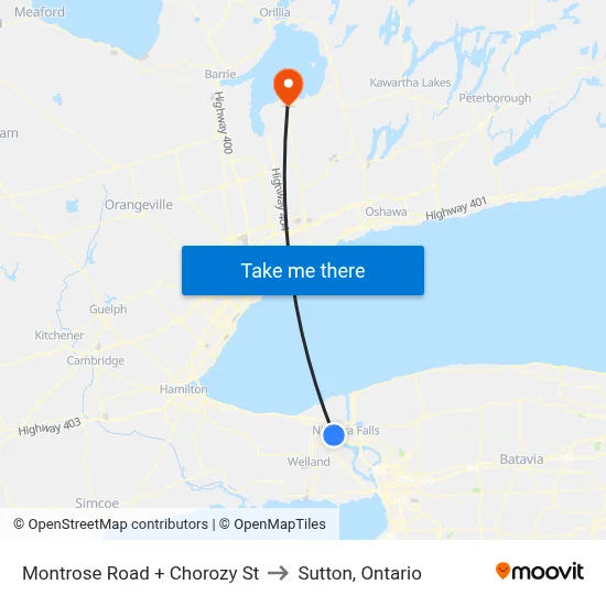 Montrose Road + Chorozy St to Sutton, Ontario map