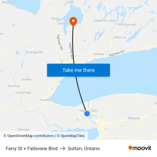 Ferry St + Fallsview Blvd to Sutton, Ontario map