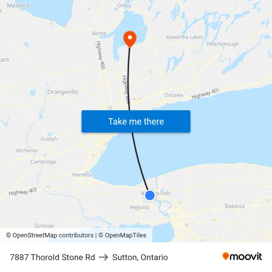 7887 Thorold Stone Rd to Sutton, Ontario map