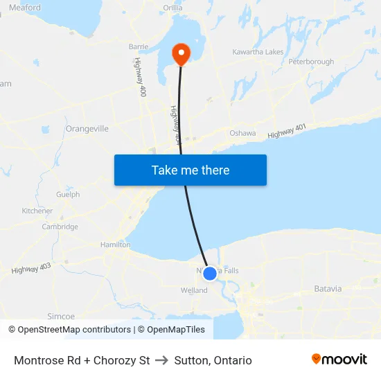 Montrose Rd + Chorozy St to Sutton, Ontario map