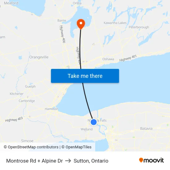 Montrose Rd + Alpine Dr to Sutton, Ontario map