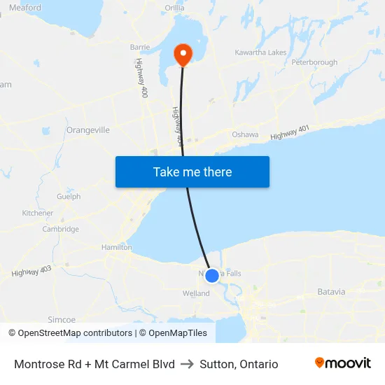 Montrose Rd + Mt Carmel Blvd to Sutton, Ontario map