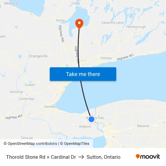 Thorold Stone Rd + Cardinal Dr to Sutton, Ontario map