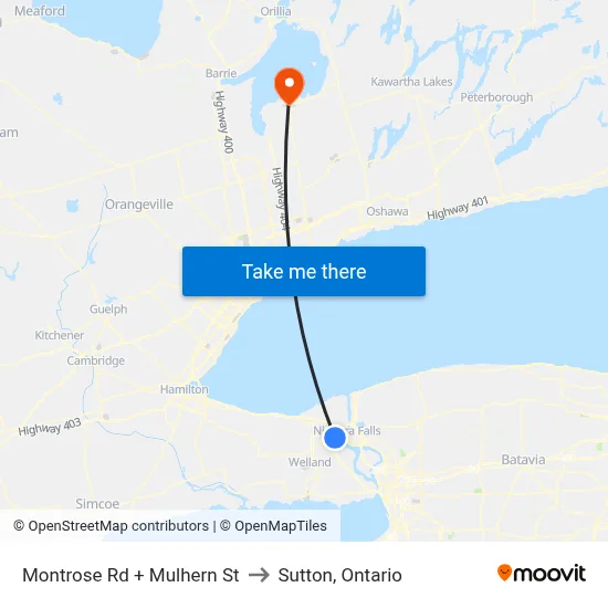 Montrose Rd + Mulhern St to Sutton, Ontario map