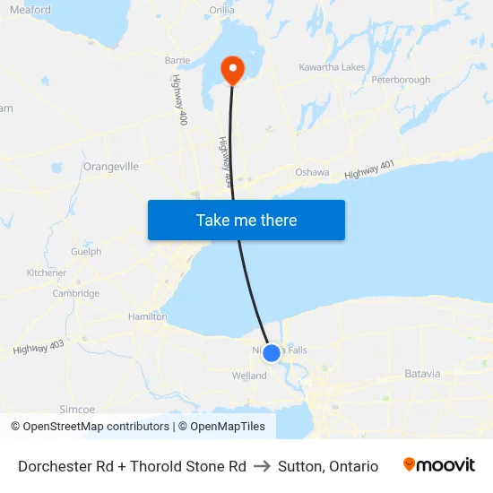 Dorchester Rd + Thorold Stone Rd to Sutton, Ontario map