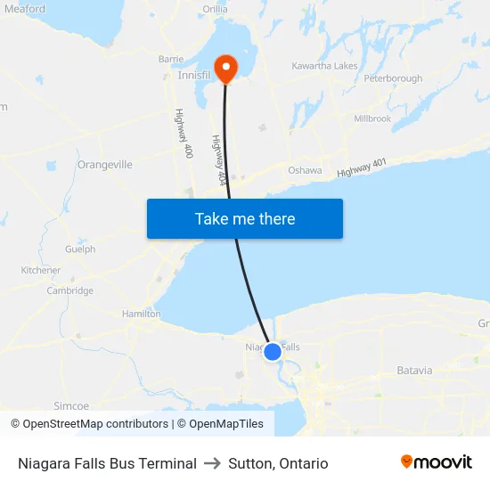 Niagara Falls Bus Terminal to Sutton, Ontario map