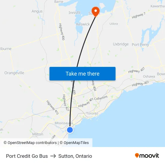 Port Credit Go Bus to Sutton, Ontario map