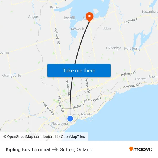 Kipling Bus Terminal to Sutton, Ontario map