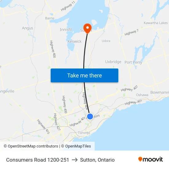 Consumers Road 1200-251 to Sutton, Ontario map