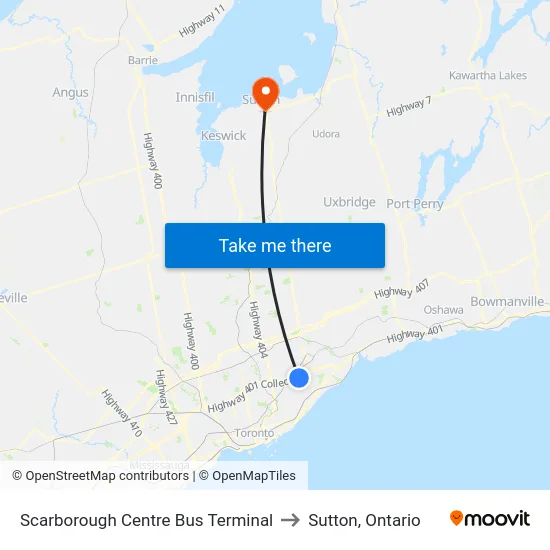 Scarborough Centre Bus Terminal to Sutton, Ontario map