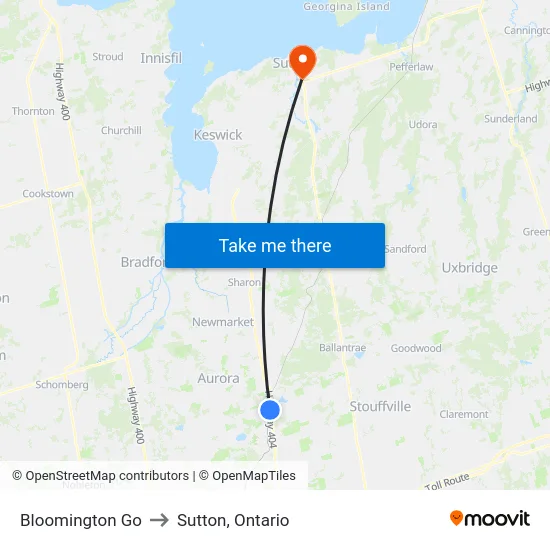 Bloomington Go to Sutton, Ontario map