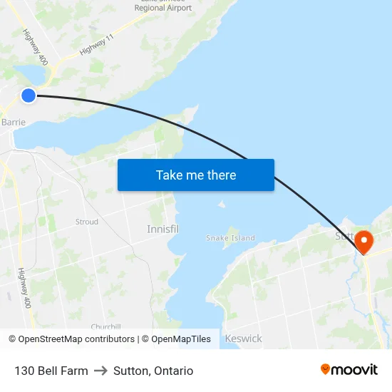 130 Bell Farm to Sutton, Ontario map