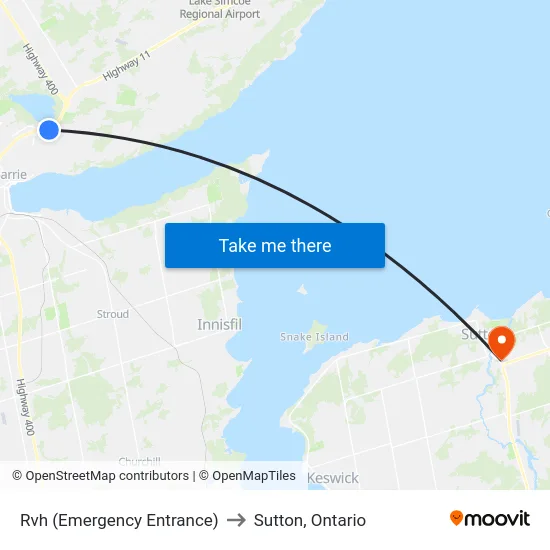Rvh (Emergency Entrance) to Sutton, Ontario map