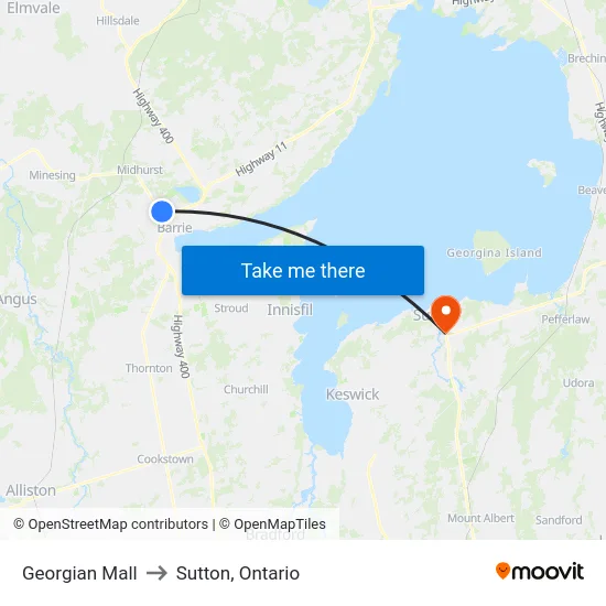 Georgian Mall to Sutton, Ontario map