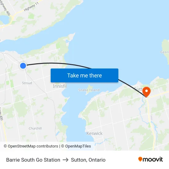 Barrie South Go Station to Sutton, Ontario map