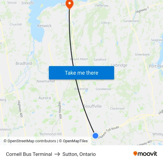 Cornell Bus Terminal to Sutton, Ontario map