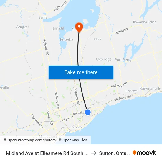 Midland Ave at Ellesmere Rd South Side to Sutton, Ontario map