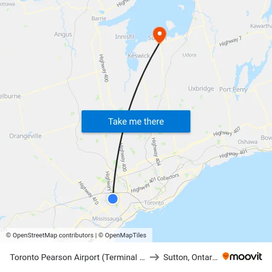 Toronto Pearson Airport (Terminal 1) to Sutton, Ontario map
