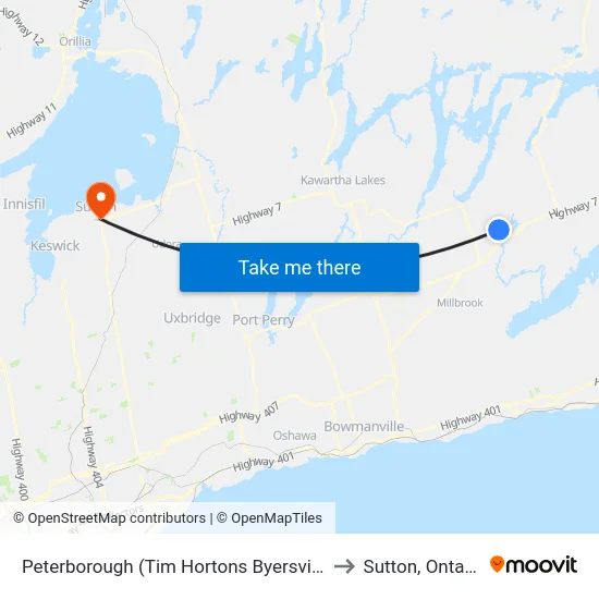 Peterborough (Tim Hortons Byersville) to Sutton, Ontario map