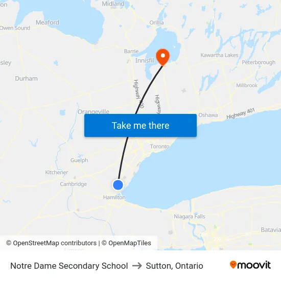 Notre Dame Secondary School to Sutton, Ontario map