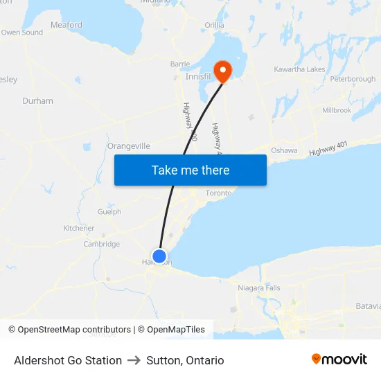 Aldershot Go Station to Sutton, Ontario map