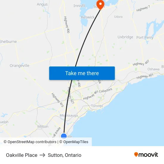 Oakville Place to Sutton, Ontario map