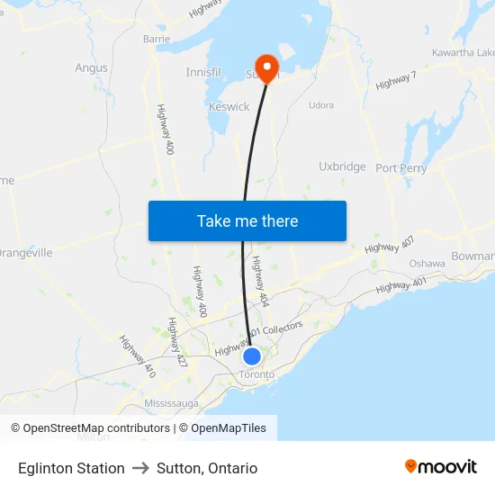 Eglinton Station to Sutton, Ontario map