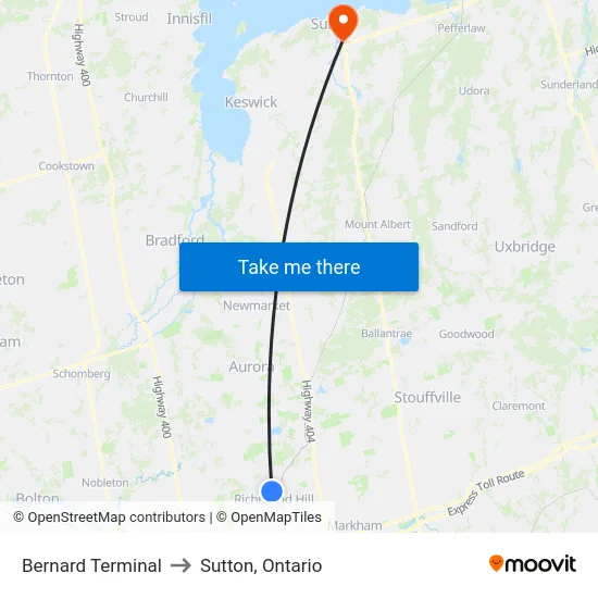 Bernard Terminal to Sutton, Ontario map