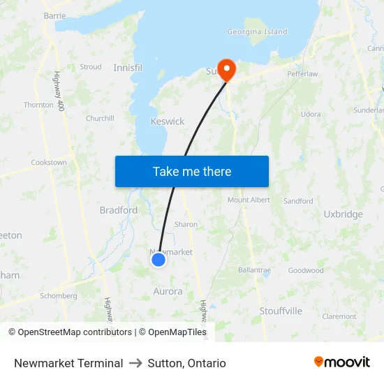 Newmarket Terminal to Sutton, Ontario map