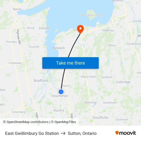 East Gwillimbury Go Station to Sutton, Ontario map