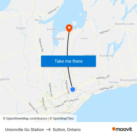 Unionville Go Station to Sutton, Ontario map
