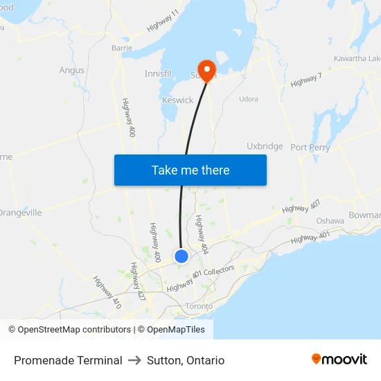 Promenade Terminal to Sutton, Ontario map