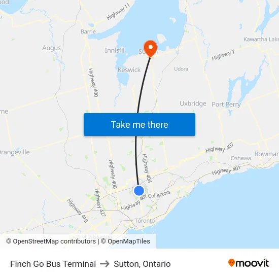 Finch Go Bus Terminal to Sutton, Ontario map