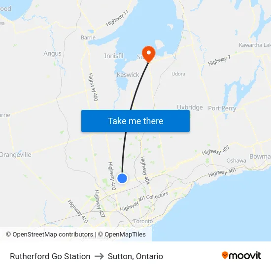 Rutherford Go Station to Sutton, Ontario map