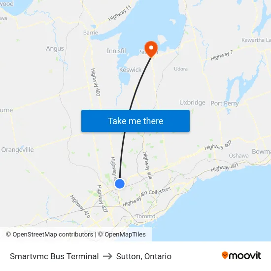 Smartvmc Bus Terminal to Sutton, Ontario map