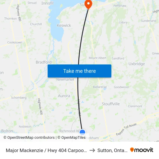Major Mackenzie / Hwy 404 Carpool Lot to Sutton, Ontario map